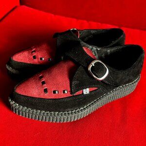 T.U.K. Black & Burgundy Suede Pointed Buckle Creeper